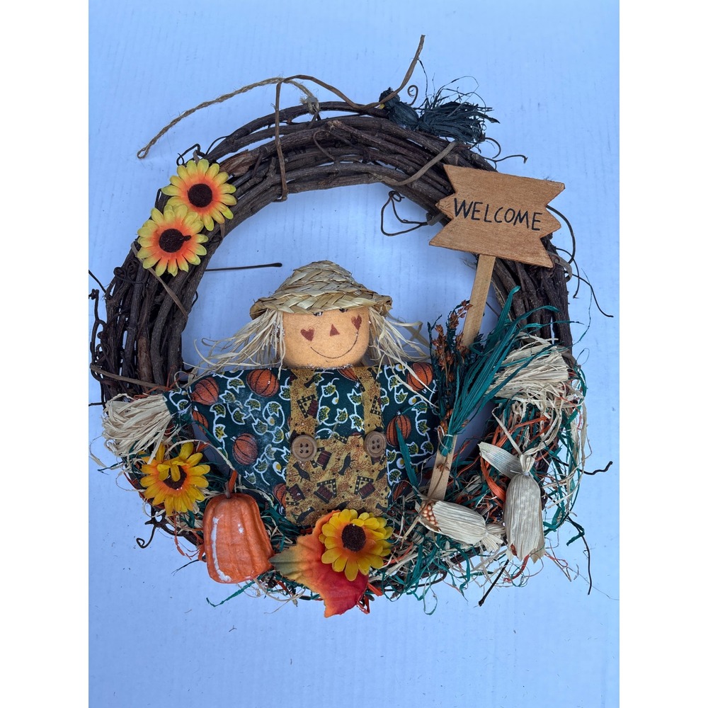 Fall Harvest Scarecrow Wreath Welcome Sign Autumn Thanksgiving Decoration‎
